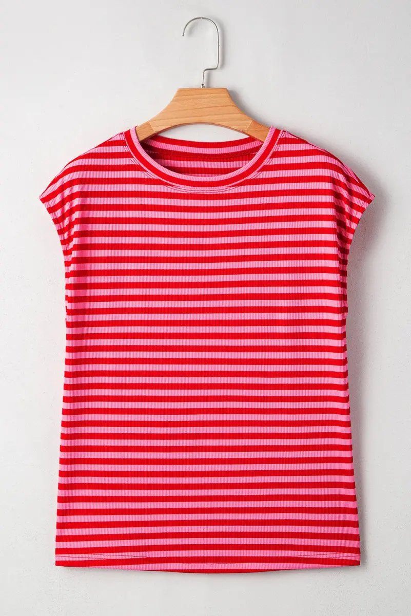 Red Stripe Ribbed Cap Sleeve Round Neck T Shirt for Women - Love Salve